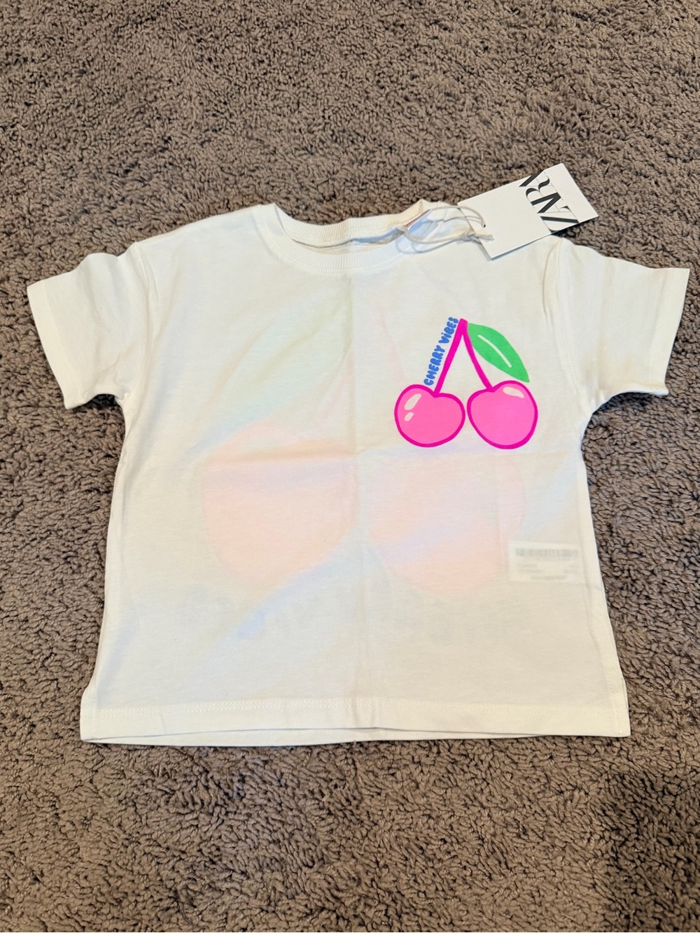 Zara White Tee with Neon Pink Cherry Graphic